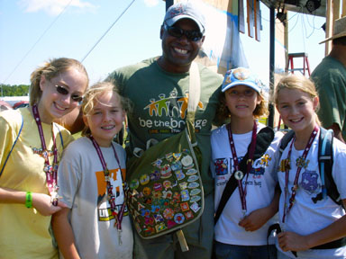 Trading pins on a messenger bag in OshKosh